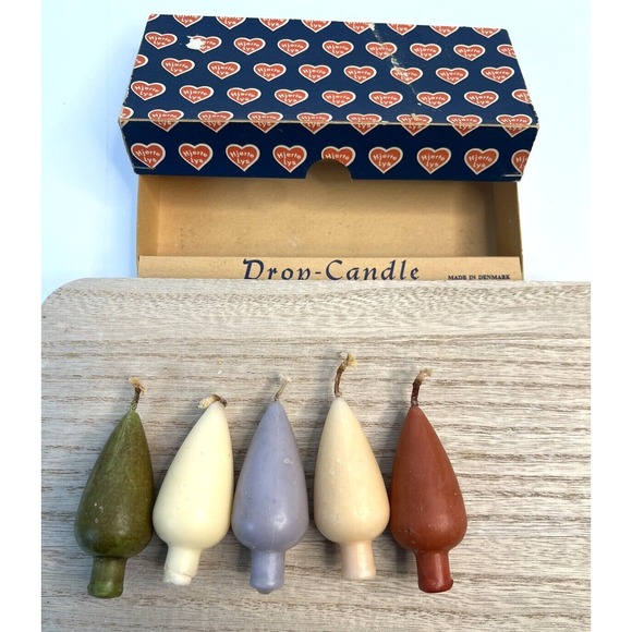 Denmark Hjerte Lys Drop Candles Set 5 Asst Colors 3" Green Cream Purple Orange - Picture 2 of 7